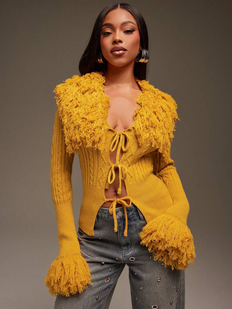 Denimoi Fringe Detail Open Front Sweater Cardigan For Fall And Winter Fashionable - Yellow - View 1