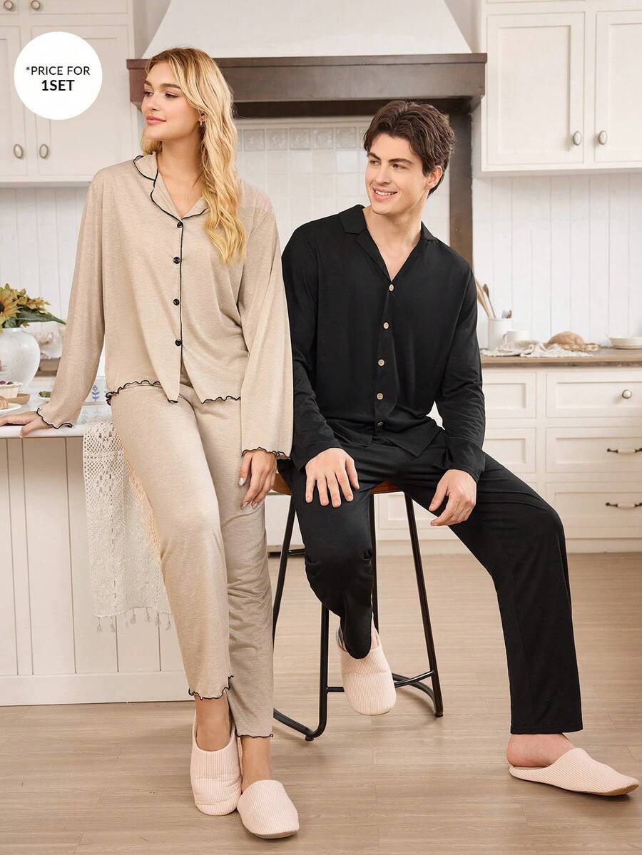 CoupledUp Soft & Comfortable Button Top & Pants Casual Loungewear Pajama Set For Men, Fall Winter Clothes - Black - View 1
