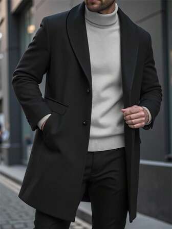 Manfinity CasualCool Men's BPlus-Size Utton Front Long-Sleeved Pocket Simple Casual Overcoat, For Going Out, Gifts For Friends, Husbands And Boyfriends, Fall Winter