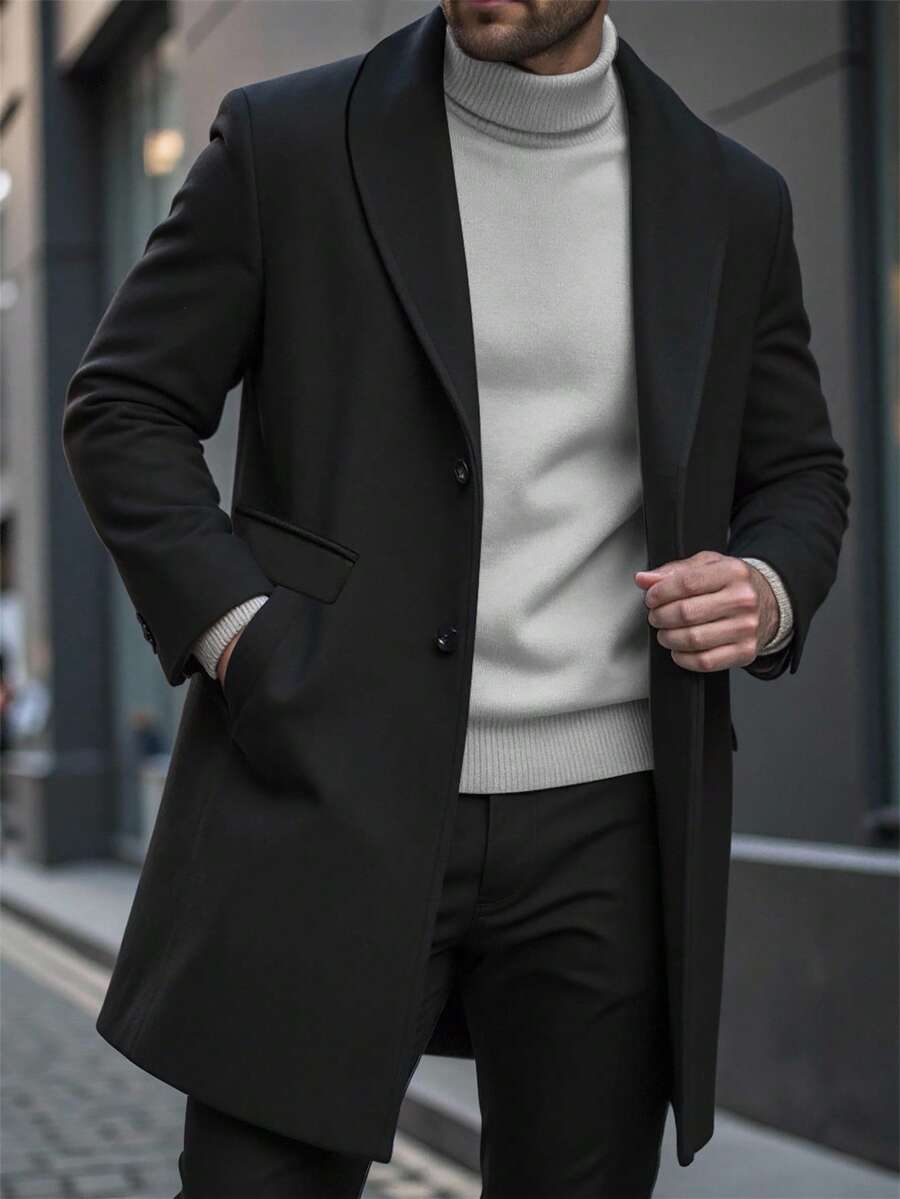 Manfinity CasualCool Men's BPlus-Size Utton Front Long-Sleeved Pocket Simple Casual Overcoat, For Going Out, Gifts For Friends, Husbands And Boyfriends, Fall Winter