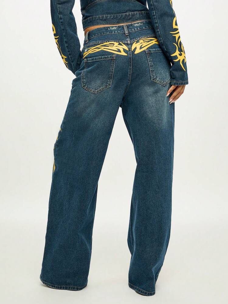 SUMWON WOMEN Baggy Wide Leg Jeans With Flame Print