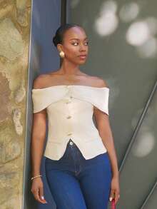 Yess Loren Women's One Shoulder Metal Button Front Placket Shirt, One Shoulder Elegant Women's Shirt, Business Casual Women's Clothing, Women's Teacher Clothing