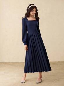 Elegante abito lungo plissettato in stile minimalista con colletto quadrato, spalle dritte, maniche lunghe e vita alta, adatto per il ritorno a scuola, il Natale, tutte le stagioni, occasioni formali, balli di fine anno, eventi di Ognissanti - Blu Navy - Visualizzare 4