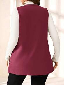 EMERY ROSE Plus Size Solid Color Sleeveless Loose Pocket Simple Casual Jacket,Spring/Summer,Summer,Vacation Woman / Vacation - Red - View 2