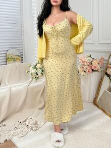 Dazy Plus 2pcs/Set Elegant Ditsy Floral Fitted Camisole Maxi Nightgown & Solid Color Cardigan Sleepwear Set, Plus Size