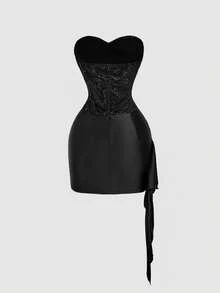 SHEIN MOD Women's Beaded Embroidery Ruched Fashionable Mini Dress,Party Dresses,Flowy Dress,Bodycon Dress,Black Mini Dress, Women's Clothing,Black Dress - Black - View 3