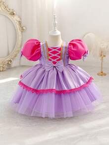 Glamorique Kids Baby Mädchen Farbblock Kleid mit floraler Stickerei, modisch für Geburtstagsfeiern, Abendveranstaltungen, Hochzeiten, Taufen, 1. Geburtstag - Violett - Übersicht 3