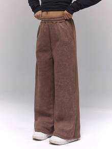 Sparklyn Tween 女童休闲百搭街头口袋宽松阔腿松紧腰洗水雪地羊毛运动裤 - 鏽棕色 - 查看 4