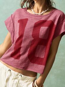 Bohemela Áo thun nữ cổ tròn dệt kim màu trơn rộng rãi phong cách Boho cỡ lớn đã giặt - Đỏ - Xem 1