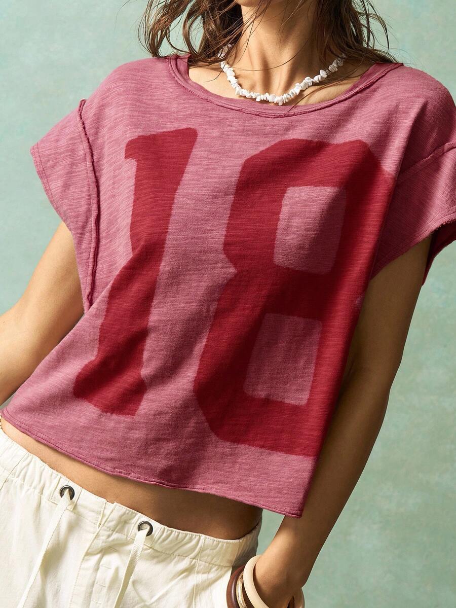 Bohemela Áo thun nữ cổ tròn dệt kim màu trơn rộng rãi phong cách Boho cỡ lớn đã giặt - Đỏ - Xem 1