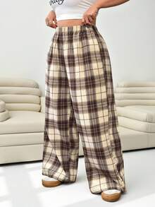 Solflare Plus Size Women's Plaid Pants,Black & White Plaid Elastic Waist Pockets Wide Leg Casual Loose Pants,Women Winter Clothes