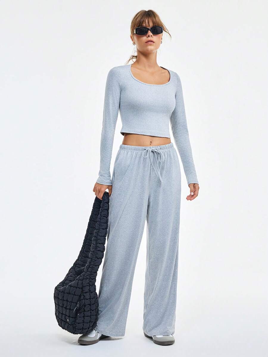 Loungeista 2pcs Women's Solid Color Square Neck Drawstring Casual Loungewear Set - Light Grey - View 1