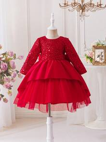 Glamorique Kids Girls' Red Sequin Tulle Puffy Dress, Satin Back Bow Trailing Party Dress, Elegant Children Christmas/Halloween Dress.Princess Dress. Formal Occasion Wear Spring/Autumn /Winter Princess Halloween/Christmas Party  Dresses - Red - View 2