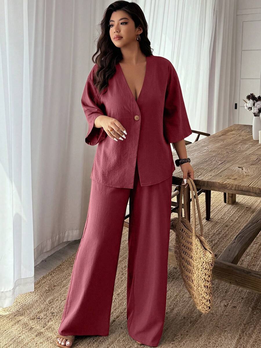 EMERY ROSE Conjunto informal de 2 piezas de camisa de manga 3/4 de un solo botón y pantalones de unicolor para mujer de talla grande - Rojo - Ver 1
