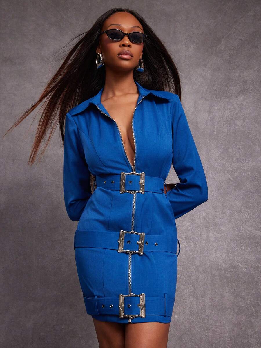 NYA SZN 连衣裙长袖领腰带细节拉链迷你长度修身紧身外出约会可爱 Y2K 复古俱乐部派对秋季女士服装 - 藍色 - 查看 1