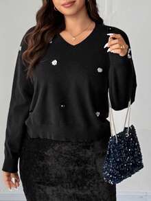 Dazy Plus Plus Size Women Sequin Bow V-Neck Loose Cropped Casual Christmas Sweater, Autumn/Winter - Black - View 4
