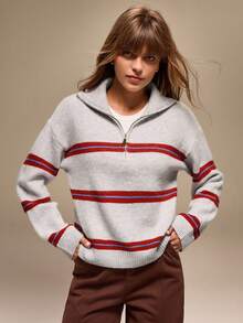 Qadelle Women's Autumn/Winter Polo Collar Half Zip Striped Contrast Color Loose Knit Sweater - Grey - View 1