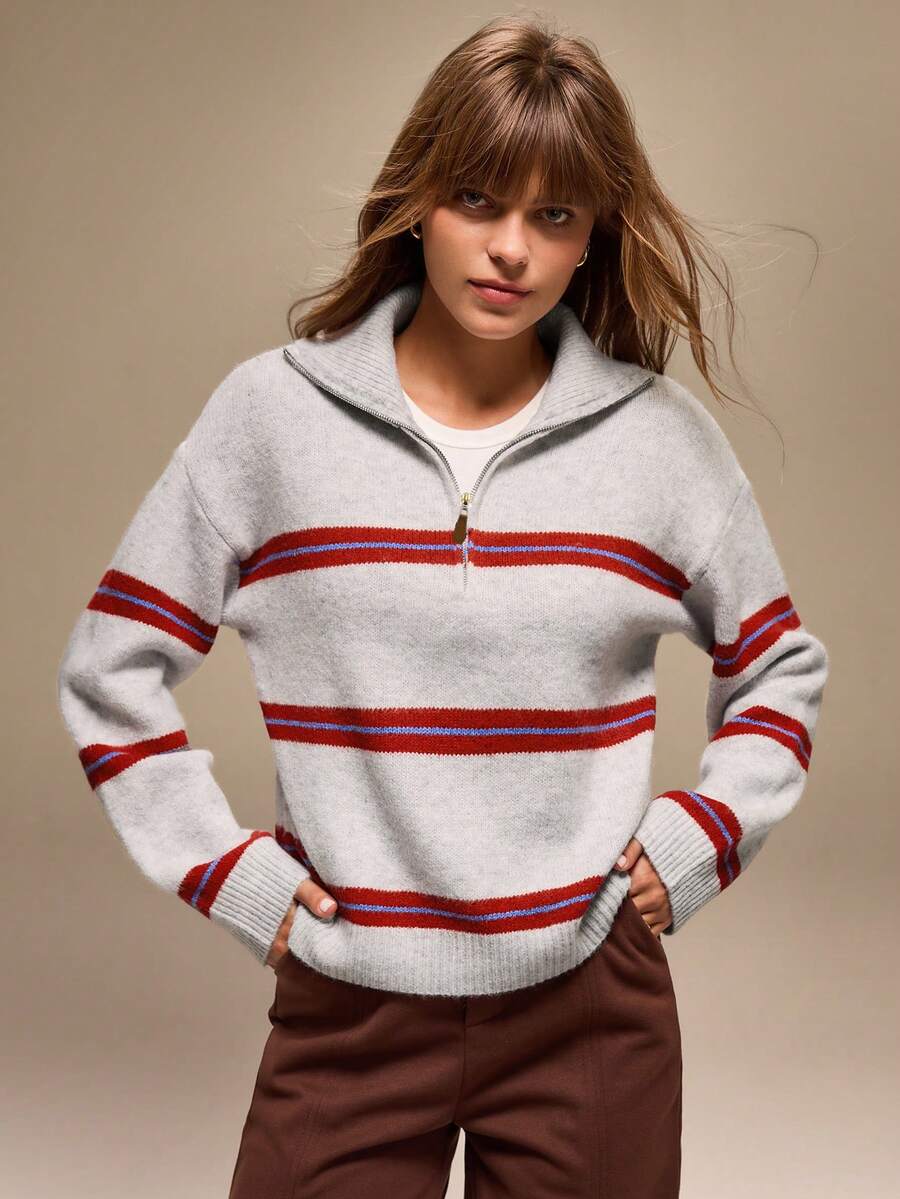 Qadelle Women's Autumn/Winter Polo Collar Half Zip Striped Contrast Color Loose Knit Sweater - Grey - View 1