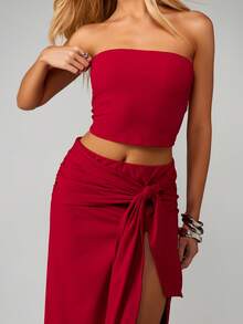 MISSGUIDED Bộ đồ hai mảnh áo crop top và chân váy maxi quấn cho nữ mặc dịp Giáng sinh với chi tiết xẻ cao dành cho các sự kiện tiệc tùng - Màu Đỏ Sâu - Xem 8