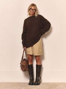 MUSERA 蓬松针织超大款缝线细节圆领套头衫 冬季居家服 舒适 工作 可爱 优雅 休闲 春季度假毛衣 - 咖啡棕 - 查看 5