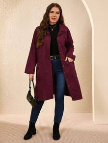 EMERY ROSE Abrigo midi de pana con doble bolsillo y botones, estilo campestre, para otoño e invierno, tallas grandes - Burdeos - Ver 5