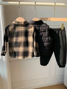 SHEIN 3 件套婴儿格子领衬衫、松紧腰裤和绗缝背心 3 件套服装，休闲百搭，适合秋冬