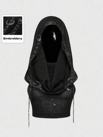 EDITION Pull tricoté à capuche avec gland, style boho goth mystique brodé, pour femmes