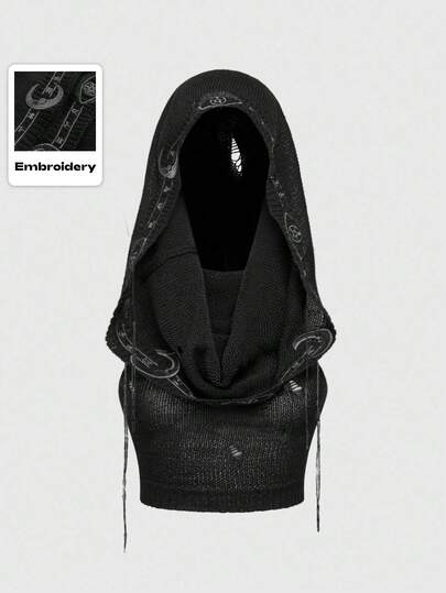 EDITION Boho Goth Style Mystical Embroidered Hooded Cropped Tasseled Knitted Sweater For Women