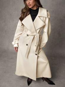 SHEIN BAE Women Burgundy Color Long Sleeve Simple Front Button Longline Overcoat, Casual Everyday Wear Vintage Burgundy Long Woolen Coat, Warm And Thickened In Winter Hollowed Costumes Thanksgiving Women Halloween Women Costumes Winter Long Women Coat - Beige - View 3