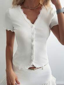 Livesso 女式蕾丝荷叶边修身短袖优雅T恤长袖上衣 - 白色 - 查看 4