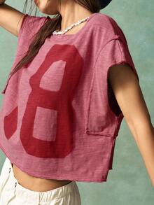 Bohemela Áo thun nữ cổ tròn dệt kim màu trơn rộng rãi phong cách Boho cỡ lớn đã giặt - Đỏ - Xem 3