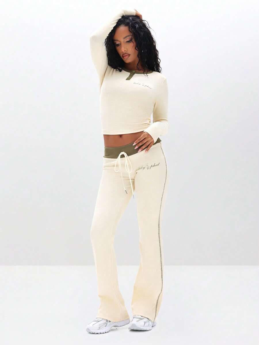 BABYPHAT Quần legging cạp cao dệt kim gân có cạp chun tương phản dành cho nữ, quần thoải mái thường ngày - Màu be - Xem 1