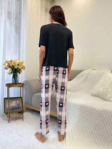 心形与字母图案 T 恤和格子印花裤睡衣套装 / 睡衣套装 - 彩色 - 查看 2