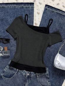 Attitoon 女式休闲简约吉他图案复古撞色短袖 T 恤 - 深灰色 - 查看 6