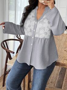 SHEIN LUNE Plus Size Floral Pattern Notched Neck Long Sleeve Shirt, Casual Autumn - Grey - View 5