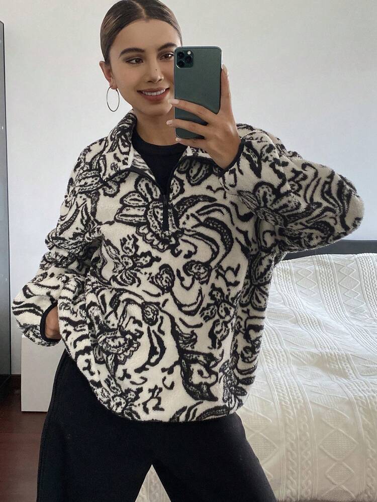 Floral Printed Thermal Lined Loose Fit Casual Street Style Crew Neck Long Sleeve Sweatshirt For Women, Autumn/Winter