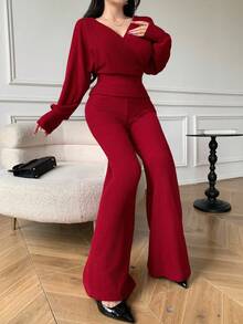 Celisse 2 件套女士优雅重叠领收腰长袖上衣和裤子套装，秋季 - 紅色 - 查看 6