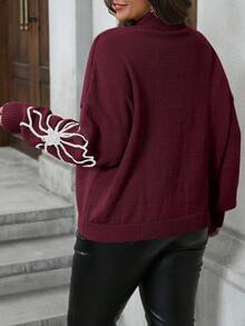 SHEIN Clasi 大码女式大码圆领长袖毛衣，3D 花卉装饰，秋冬 - 紅白色 - 查看 2