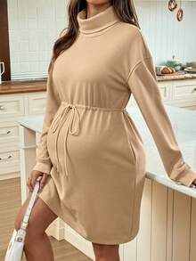 SHEIN Maternity Autumn Simple Solid Color High Neck Drawstring Waist Drop Shoulder Dress - Khaki - View 6