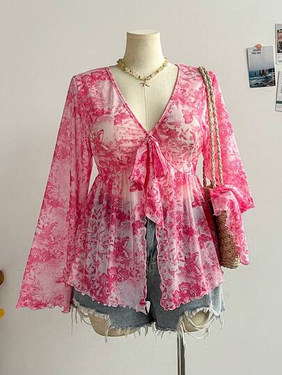 Soleia 大码女式复古绿色花卉印花针织网眼前开襟系腰喇叭袖衬衫