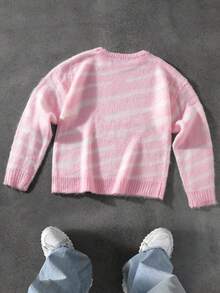 Claim Dot Pulover bărbătesc cu guler rotund, casual, cu imprimeu integral, pulover cu dungi roz și albe pentru toamnă/iarnă, top cu mânecă lungă - Roz - Vizualizare 2