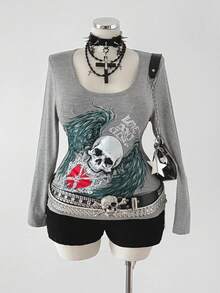 Sunspun Plus Size Vintage Punk Skull & Wing Print Long Sleeve T-Shirt, Autumn - Grey - View 8