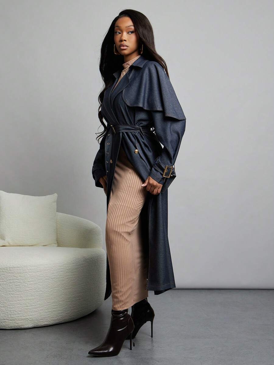 NYA SZN 夹克牛仔风衣宽松超大日常休闲活动复古酷女孩节日万圣节深色洗水牛仔长款秋冬女装 - 藏蓝色 - 查看 1