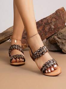 Sandalias planas de verano de mujer con cordones de encaje, suela gruesa antideslizante de espuma, zapatos de moda con cuerda cruzada versátil para uso casual, playa, exterior y hogar, con puntera redondeada y hebilla, material de espuma de unicolor, talla un número talla grande grande - Negro - Ver 2
