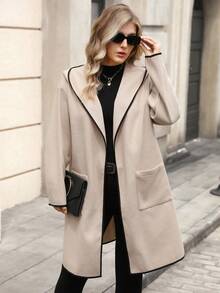 Juhart 大码女式纯色撞色条纹连帽开襟双口袋长袖中长款休闲优雅百搭外套 - 杏色 - 查看 4