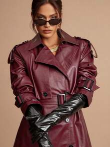 Silquee 女式纯色翻领长袖双排扣 PU 皮革宽松风衣 - 酒紅色 - 查看 6