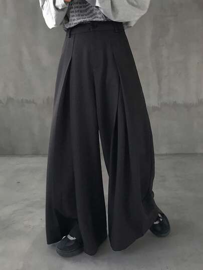 FRIFUL Women's Solid Black Pleated Wide Leg Pants, Loose Casual Versatile Trousers, Autumn/Winter