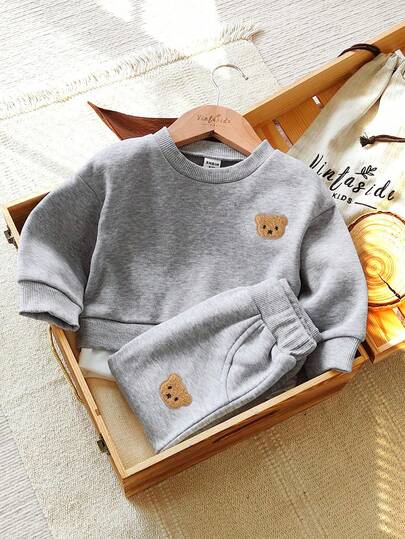 Vintaside Kids 男婴灰色可爱熊刺绣圆领长袖卫衣和配套裤子套装，适合外出、休闲、学校运动、生日派对