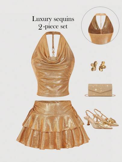 SHEIN MOD Metallic Sequin Halter Neck Tank Top & Ruffle Hem Skirt 2 Pieces Set For Women, Party Outfit, Luxury, Shiny 2 Pieces Set,, Sequin Two Pieces Set, Gold Two Pieces Set, Spring/Summer, Beach Set, Casual Set For Women, Vacation Outfits Women, Y2k Clothes, Date Night Outfit