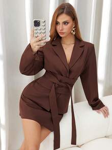 Chiquease Costum elegant pentru femei, culoare solidă, cu rever, mânecă lungă, cu nod în talie, sacou și fustă midi, toamnă - Maro - Vizualizare 5